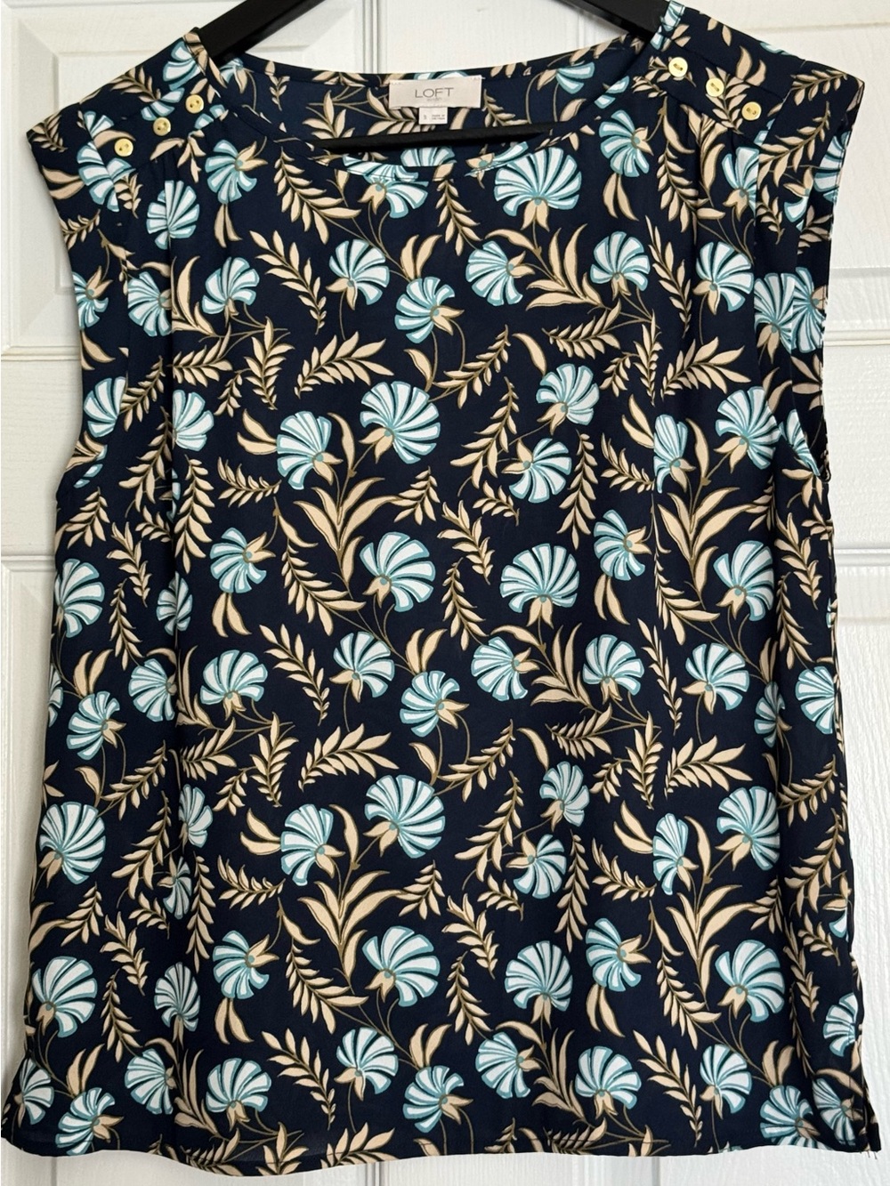 LOFT Navy Floral Shell Top with Cream and Light Blue Blossoms